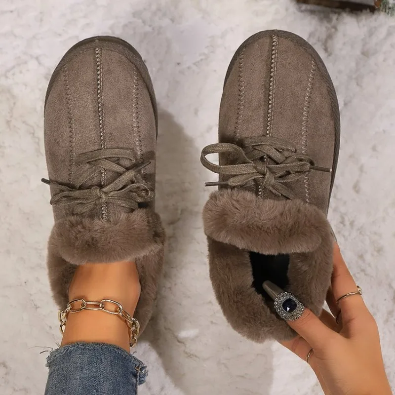 

Women Winter Casual Shoes New Moccasins Soft Flat Non-slip Loers Fashion Comfort Warm Plush Bow Slip on Female Cotton Shoes