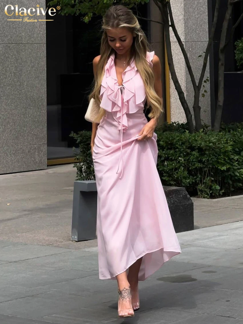 

Clacive Summer Slim Pink Women's Dress 2026 Sexy V-Neck Sleeveless Midi Dresses Lady Elegant Classic Ruffles Solid Female Dress