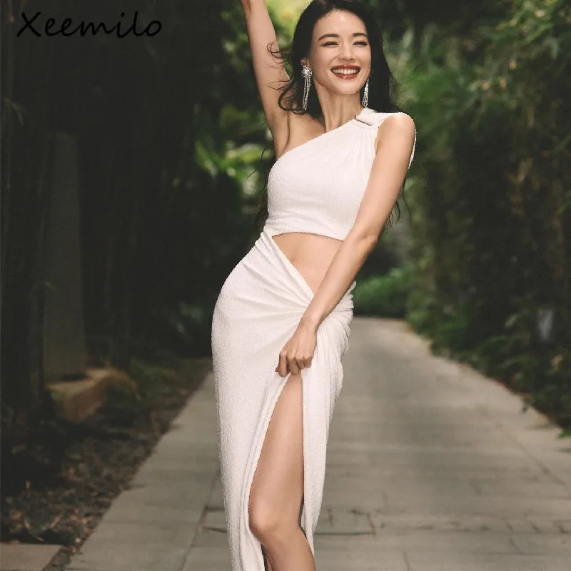 Xeemilo Elegant Diagonal Collar Split Maxi Dress Sexy Hollow Out Ruched One Shoulder Slim Dresses Summer Party Evening Vestidos