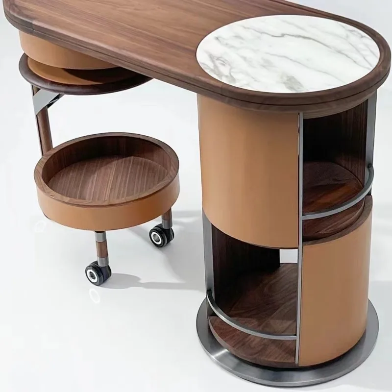 Italian light luxury high-end walnut saddle leather art movable food cart