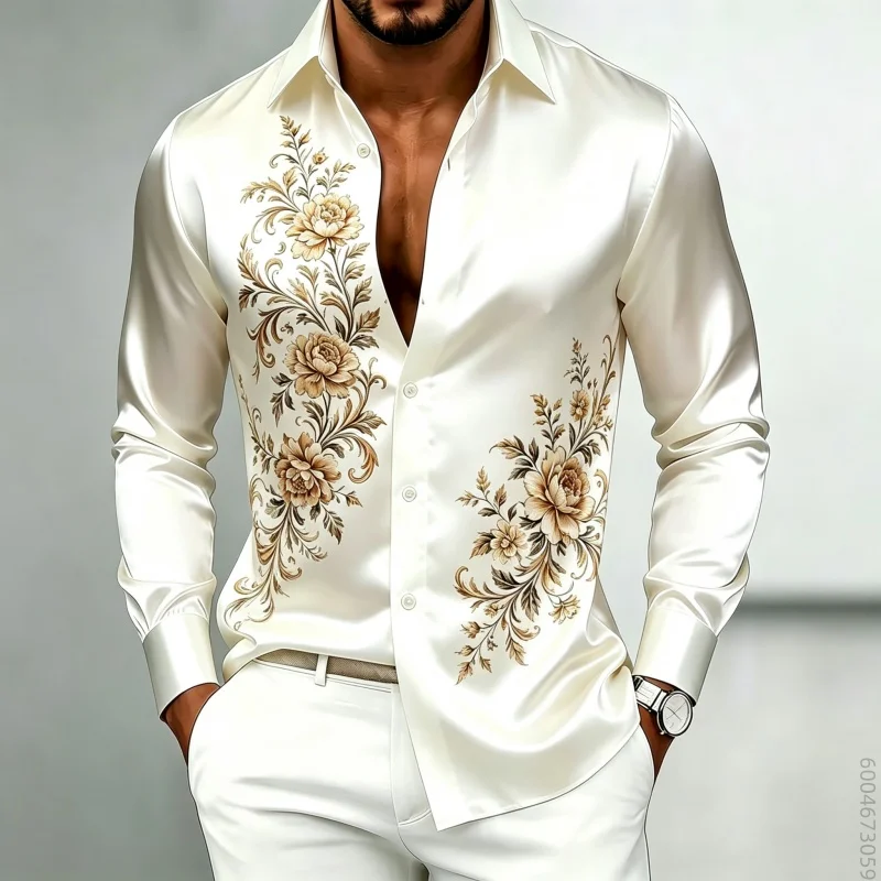 European and American style men's long sleeved shirt with retro floral print on both sides, fashionable and versatile casual top