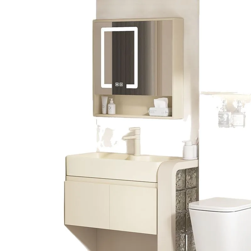 

Простой светлый роскошный кремовый ветер из цельного дерева для ванной комнаты, керамическая встроенная раковина, шкаф для умывальника, комбинированная столешница