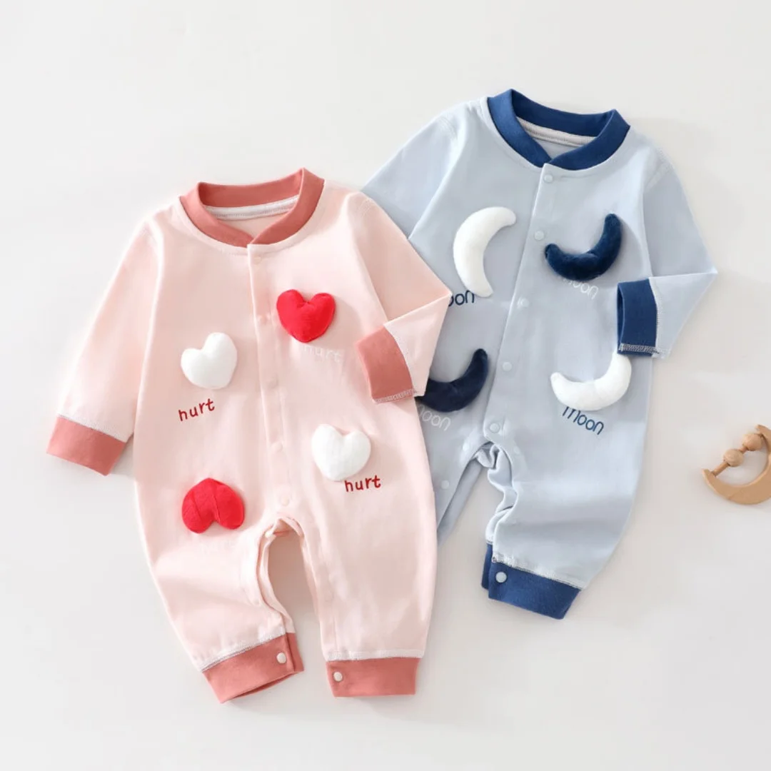Autumn New Baby Bodysuit Infant Heart Applique Contrast Cuffs Long Leg One Pieces 0-2Y Soft Breathable for Boys Girls Clothes