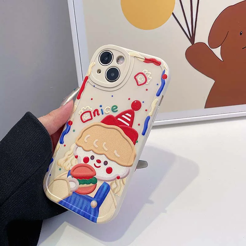 Cute Burger Eating Girl Phone Case For iPhone 14 13 12 11 Pro XS MAX XR 7 8 Plus  Cover Cases