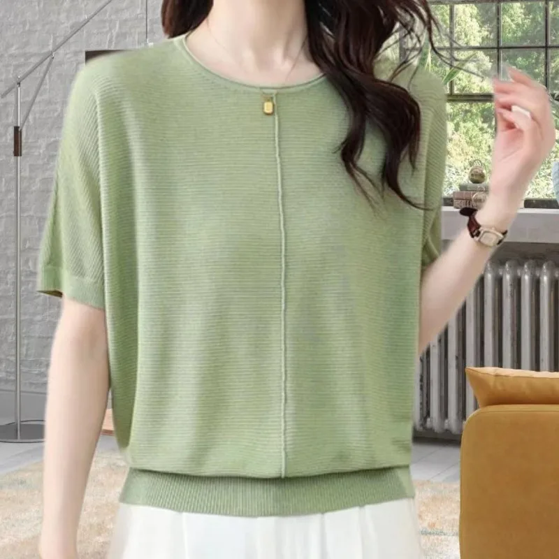 Minimalist Office Lady Summer Thin T-Shirts Women Round Neck Solid Color Jacquard Fashion Casual Loose Short Sleeve Knit Tops