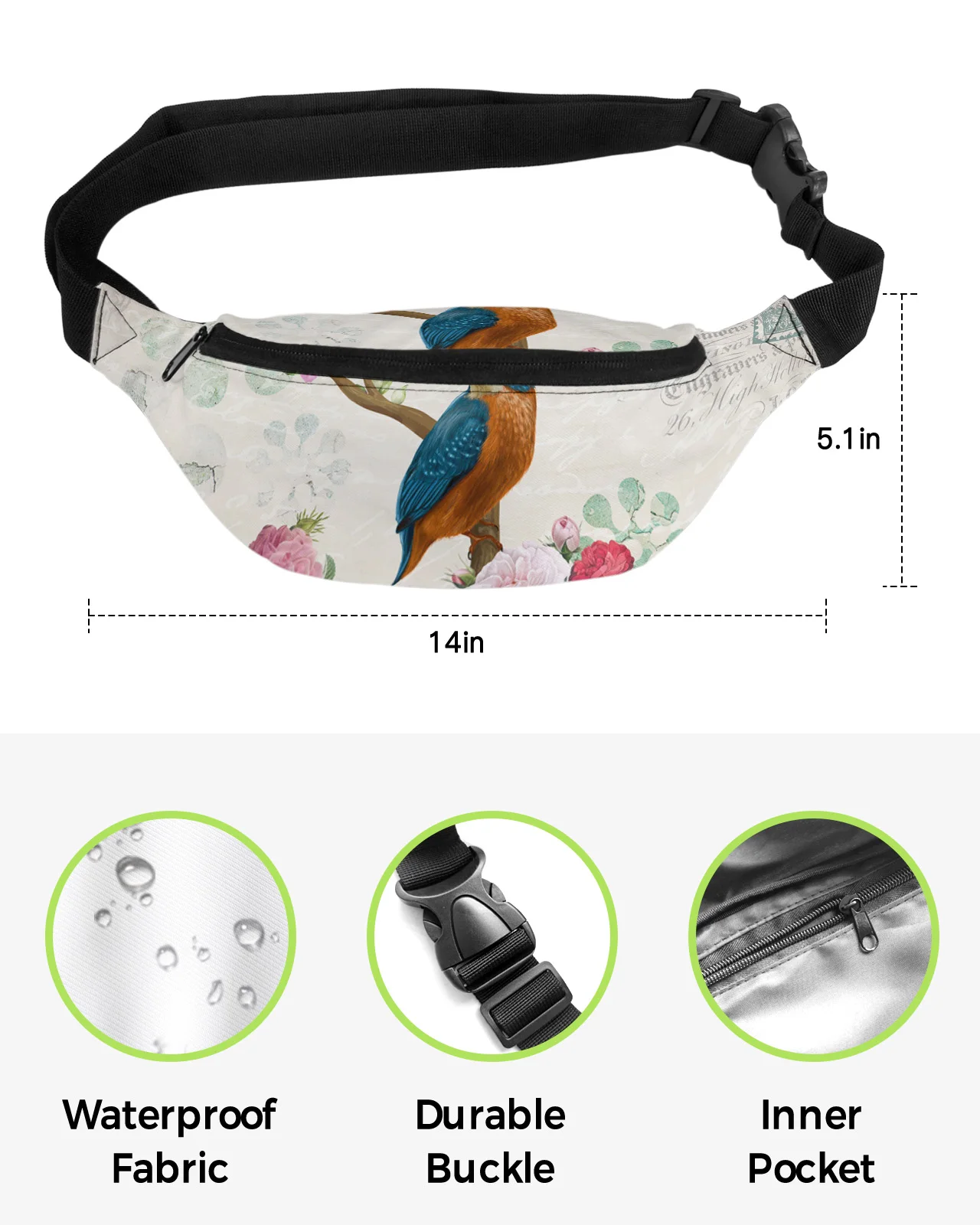 Vintage Flowers And Birds Men Women Waist Bag Fanny Pack Purse Large Phone Belt Bag Wallet Pouch Waterproof Banana Hip Bags