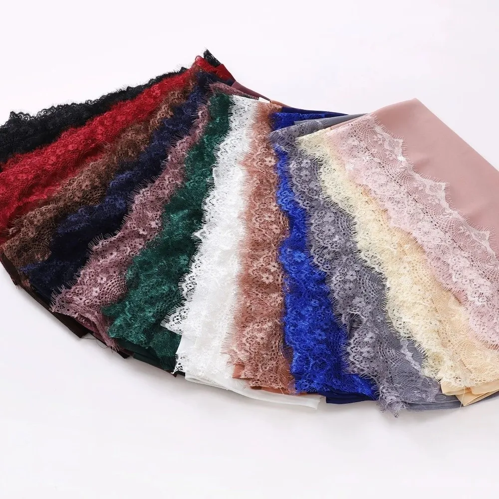 Vielseitiger Einfarbiger Seidenschal mit Spitzenkante Langer Chiffon-Hijab Weicher Atmungsaktiver Ramadan-Kopftuch Damen-Kopfbedeckung – Detail 4