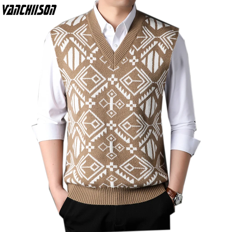 

Men Wool Knit Tank Vest V Neck Sweater Tops Sleeveless Basic for Autumn Winter Retro Vintage Print Male Clothing 00088