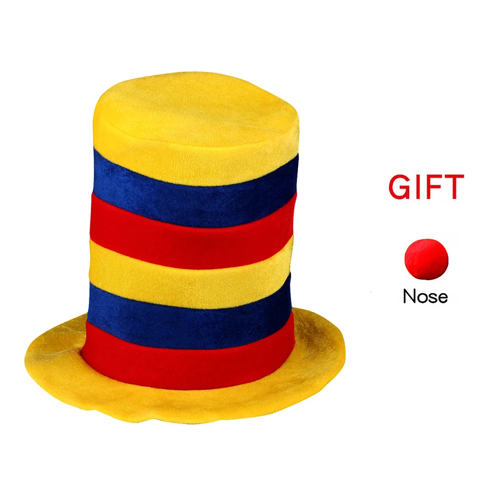 قبعة مهرج ملونة ممتعة، ستة أنماط مع أنف إسفنجي أحمر! مناسبة للشاطئ وعروض السيرك والحفلات وزي لعب الأدوار