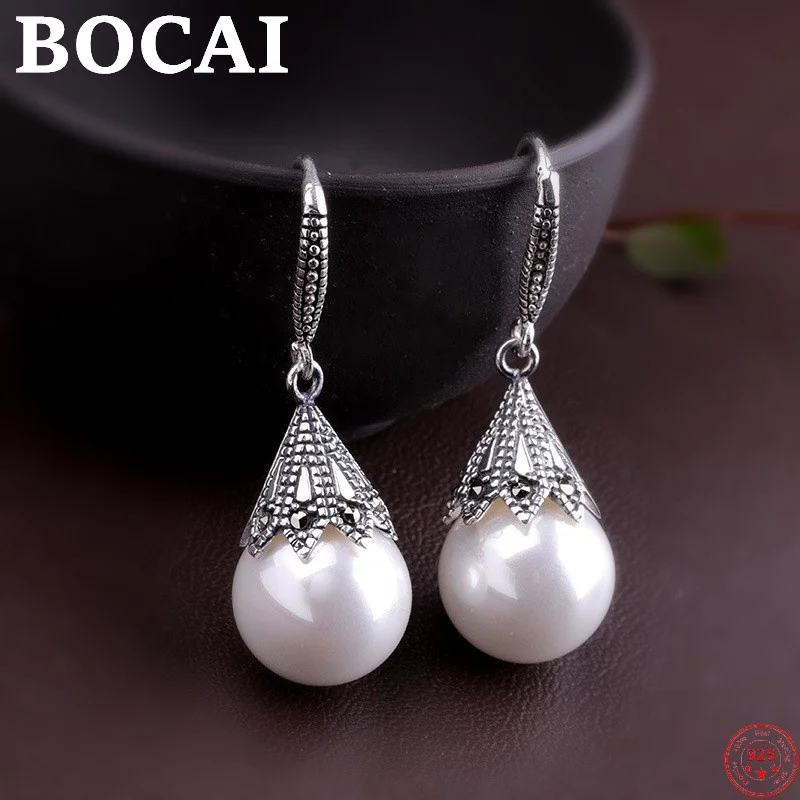 

BOCAI S925 Sterling Silver Earrings for Women New Fashion Garnet Pearl Chalcedony Ear-drops Jewelry Free Shipping