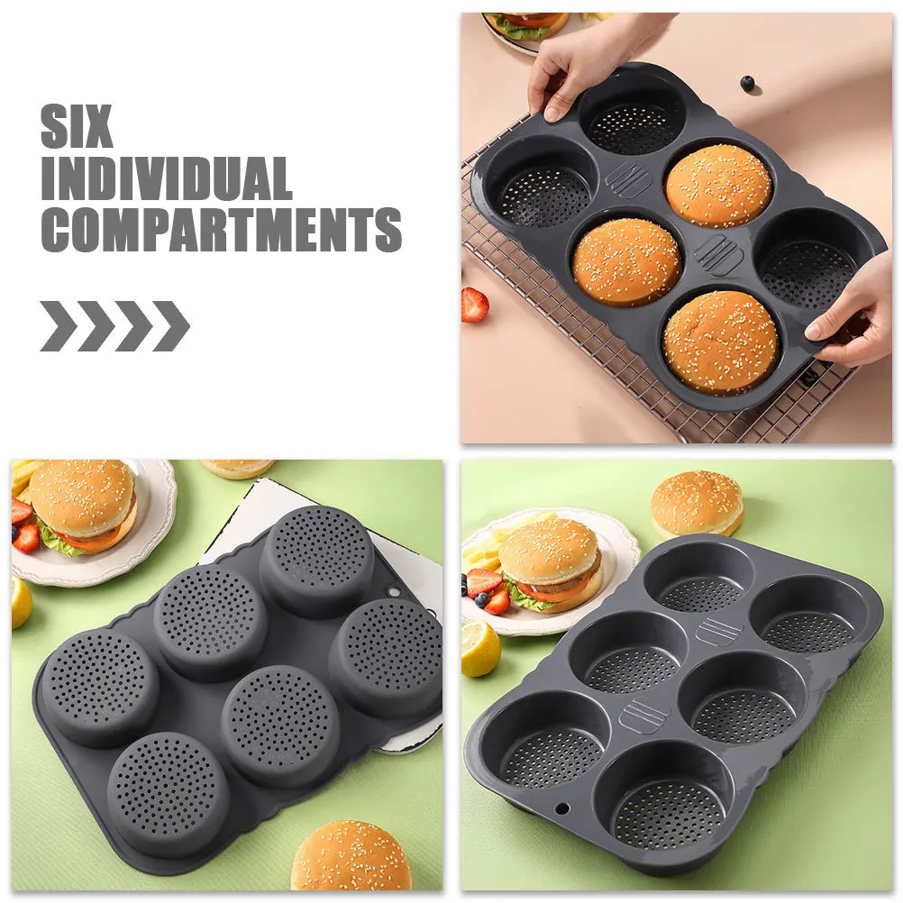 

6 Cavity Bread Mold Silicone Hamburger Bun Pan Non Stick Baking Tool for Cake Loaf and Meat Pie Easy Release Dishwasher Safe