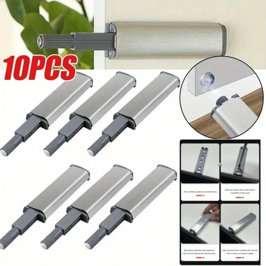 10pcs Push-to-Open Cabinet Latches with Damper Buffer - Quiet, Slam-Proof Door Closers for Kitchens & Wardrobes - Stainless Stee