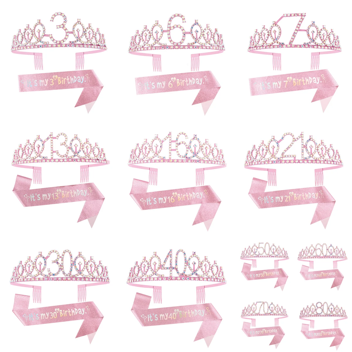 It's My 3 6 7 8 9 10 Birthday Sash and Rhinestone Tiara Crown Pink for Children Girls Women Birthday Party Decorations Supplies