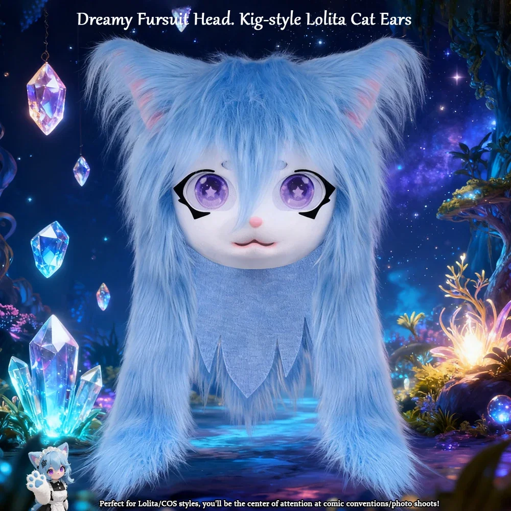

Полный костюм кигуруми с пушистой головой животного на Хэллоуин-кавайный стиль Лолиты, кошачьи ушки, плюшевые носимые маски для косплея, набор