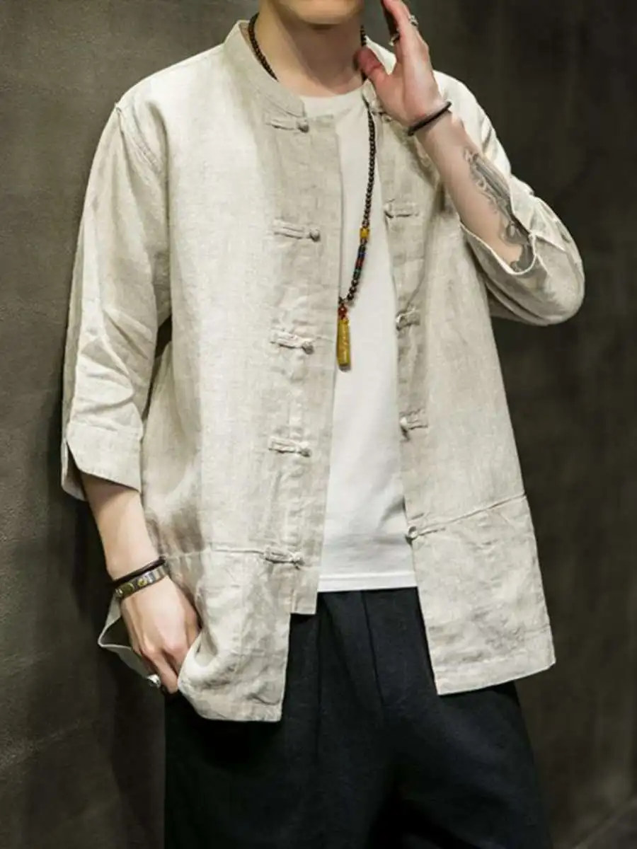 

New Men's Tang Costume Linen irt Jaet Summer Seven-Sve Button Cotton-Linen ort-Sve Loose Fit Travel Wear
