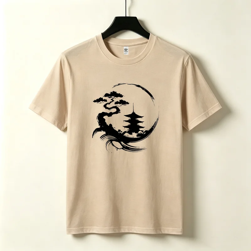Bonsai Tower Moon Japanese Zen T-Shirt Ink Splash Nature Tee Casual Streetwear for Men Women Minimalist Y2k Top Harajuku Cotton