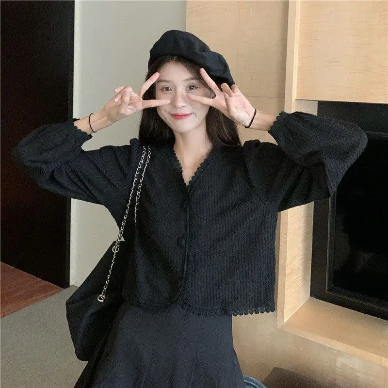 Korean Irregular Short Blouse Spring Autumn New Long Sleeve Solid Color V Neck Fashion Shirt Tops Elegant Sweet Women Clothing