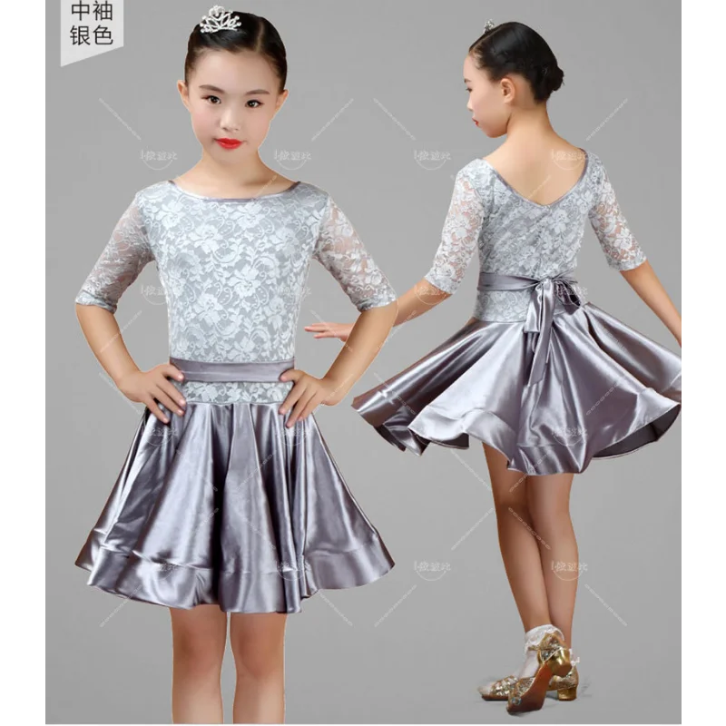 Vestido dança latina para meninas, Trajes de renda para crianças, manga média, traje de dança infantil