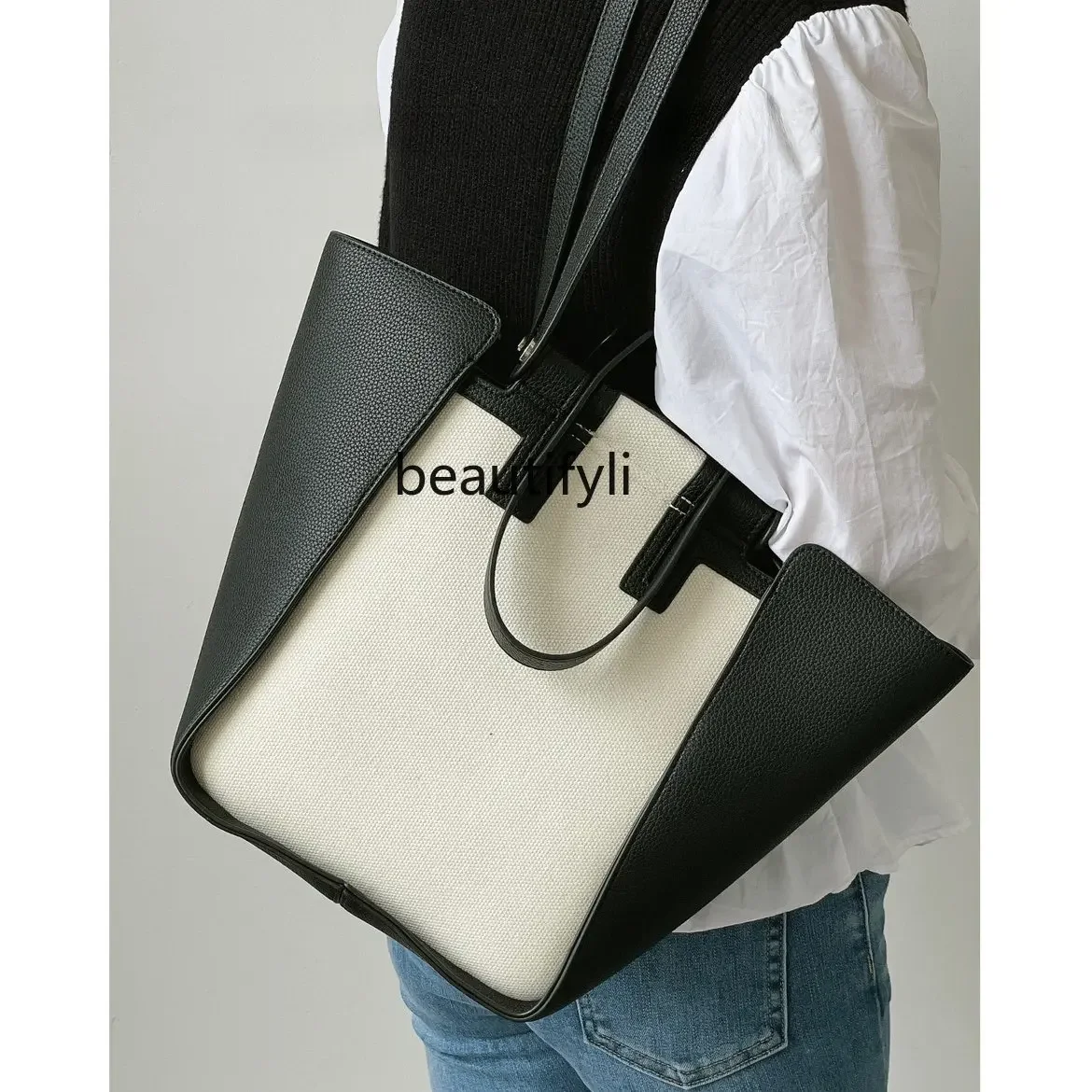 yj Special-Interest Design Canvas Bucket Bag New Large Capacity Commuter Tote Bag Women