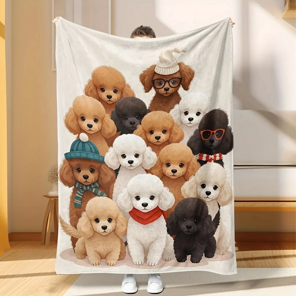 

Cute Poodle Dogs Flannel Blanket Hats Accessories Design Ultra-Soft Cozy Throw Reinforced Borders All-Season Luxury Gift