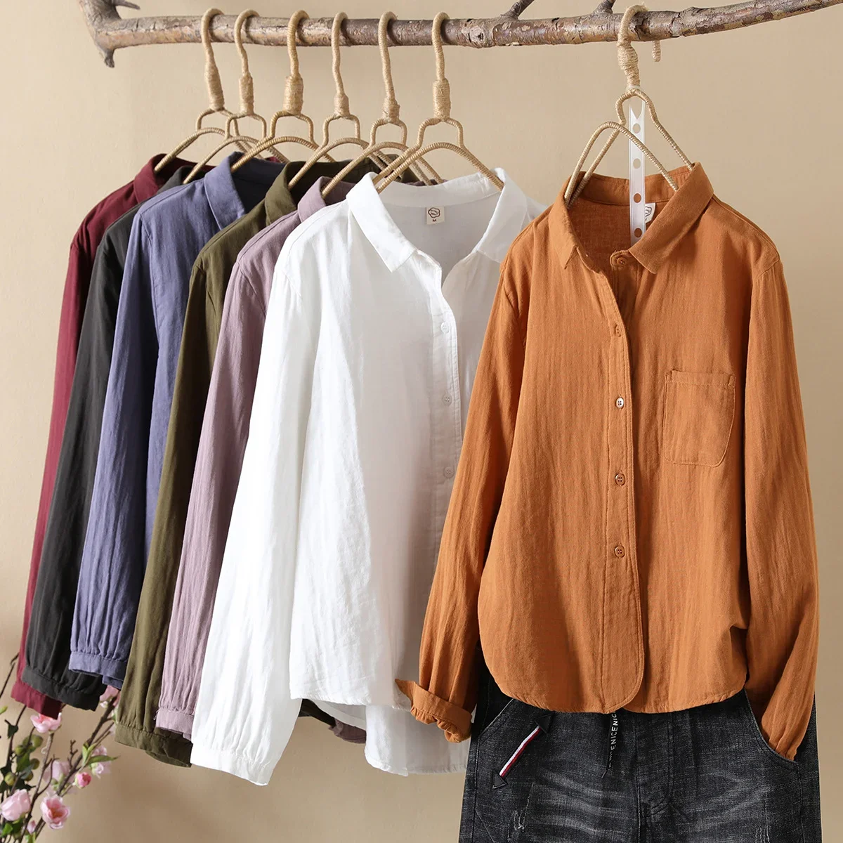 

100% Cotton Yarn Solid Blouses Mori Girl Japanese Style Brief Casual Long Sleeve Turndown Collar Backing Shirts Tall Tops y2k