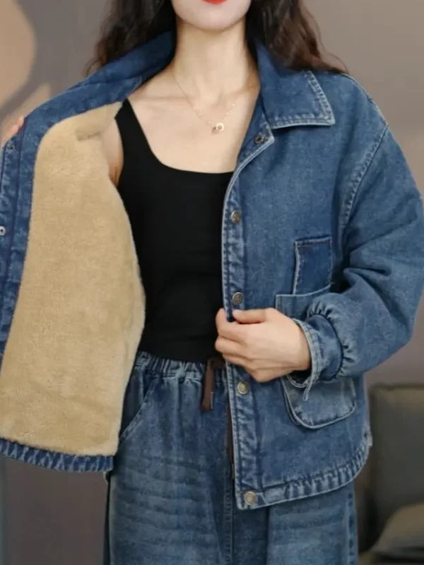 

Thiened овечий меховой воротник свободного покроя однотонный джинсовый тюнер женское пальто с хлопковой подкладкой корейский длинный воротник све