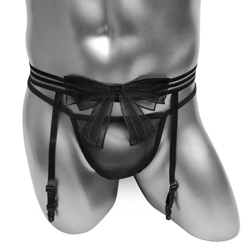 Men Sexy Lingerie Sheer Mesh Garter Thong Panties Big Bow Sissy Crossdresser Adjustable Garter Belt Underwear Black Red Pink