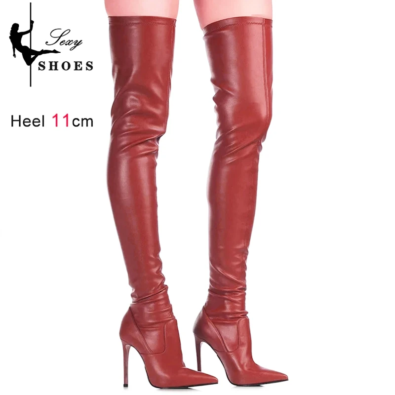 Wine red Sexy High Heels Stretch Leather Over-the-Knee Women\'s Boots Pointed Toe Thigh High Long Boots Slip-On Feminina Shoes