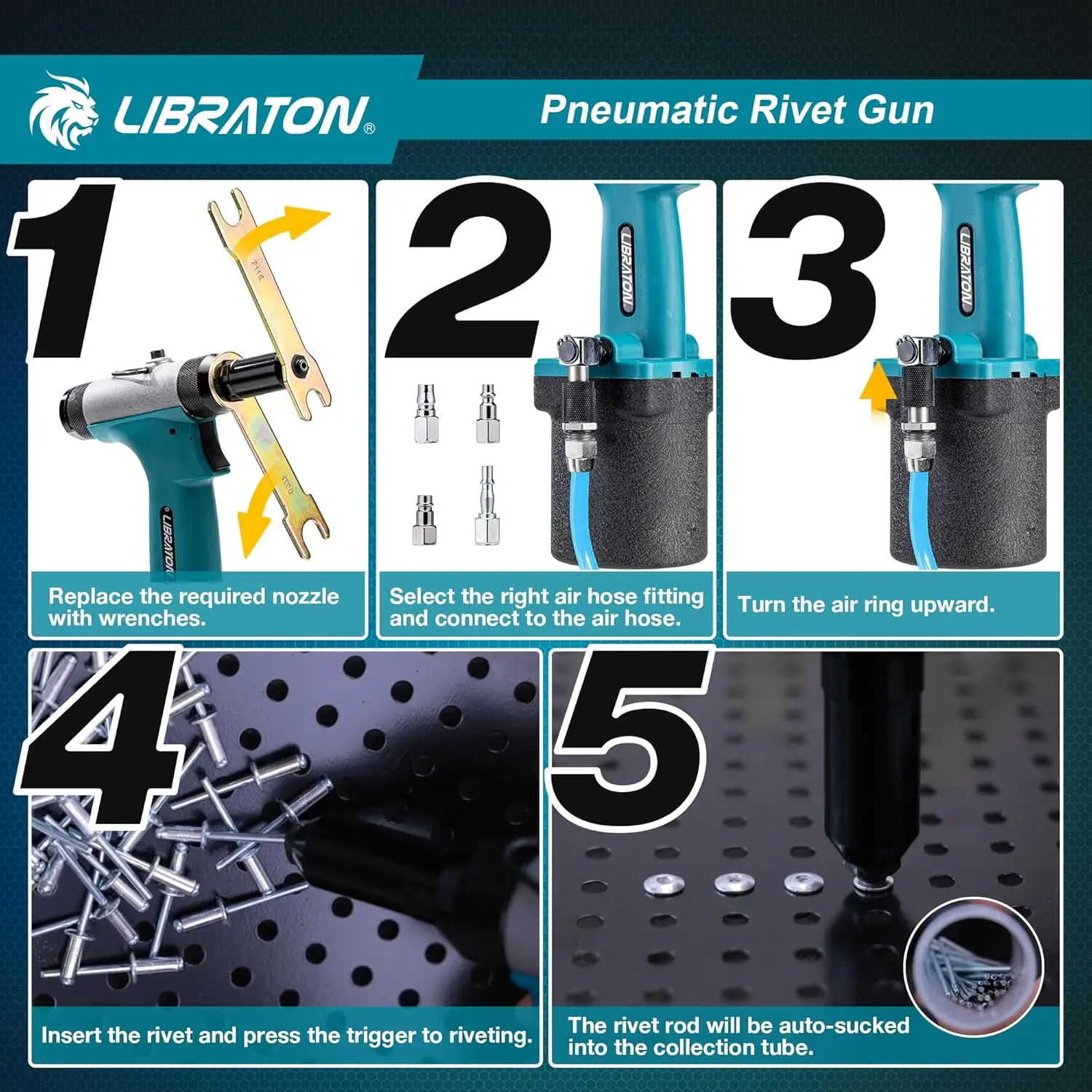 طقم مسدس برشام هوائي، ممبر هواء عالي التحمل 3/32 بوصة، 1/8 بوصة، 5/32 بوصة، 3/16 بوصة مع 200 مسامير، تصميم ذاتي الشفط