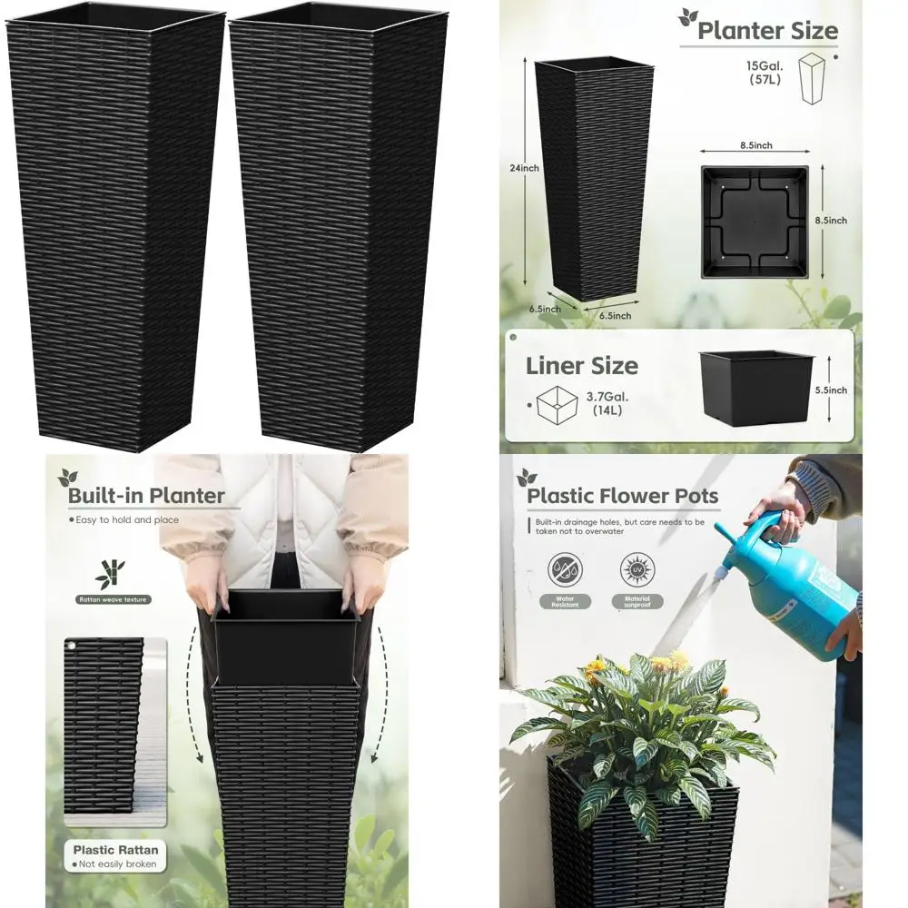 

greesum 24 inch tall plastic planters with rattan texture – set of 2, detachable inner pot & drainage holes, indoor/outdoor deco