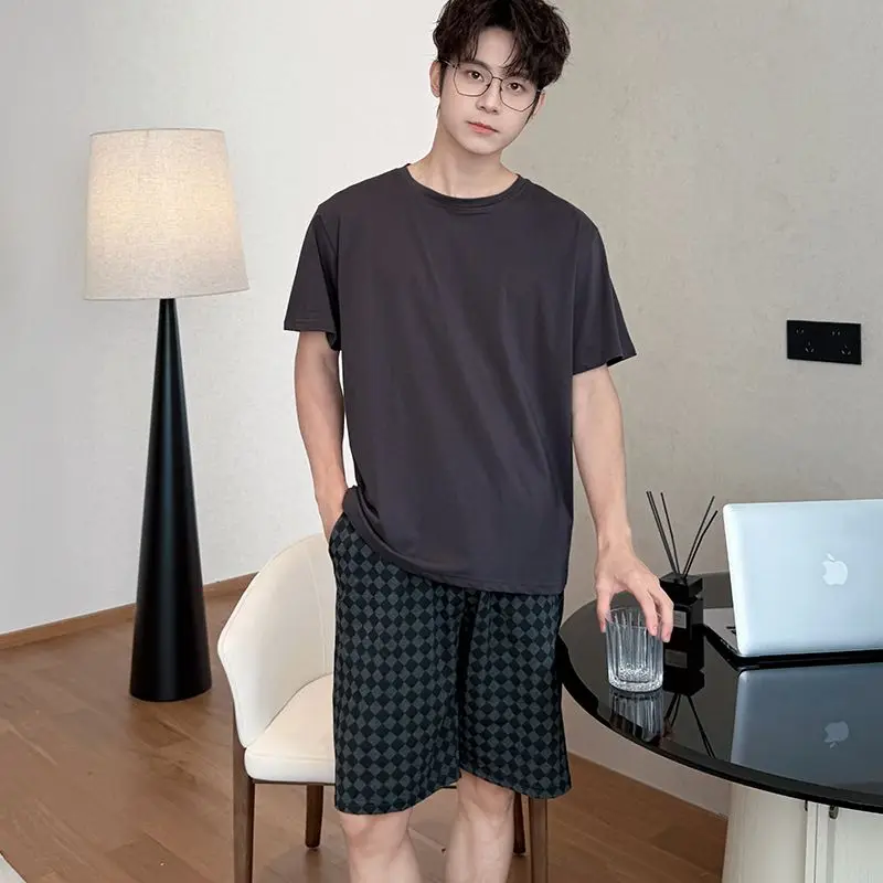 2026 New Summer Short Sleeve 100% Cotton Pajama Sets for Men Korean Loose Sleepwear Pyjama Male Homewear Home Clothes Lounge Set