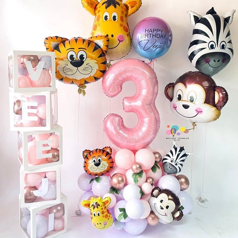 31pcs Wild Animal Pink Balloon Tower with 1-9 Number Balloon for Girl\'s Wild One Themed Birthday Jungle Safari Party Decoration