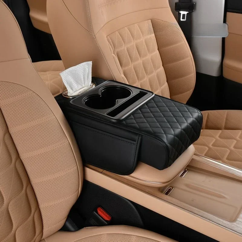 Car Armrest Storage Box, Car Center Console Organizer, Armrest Heightening Cushion with Cup Holder Armrest Storage Organizer Box