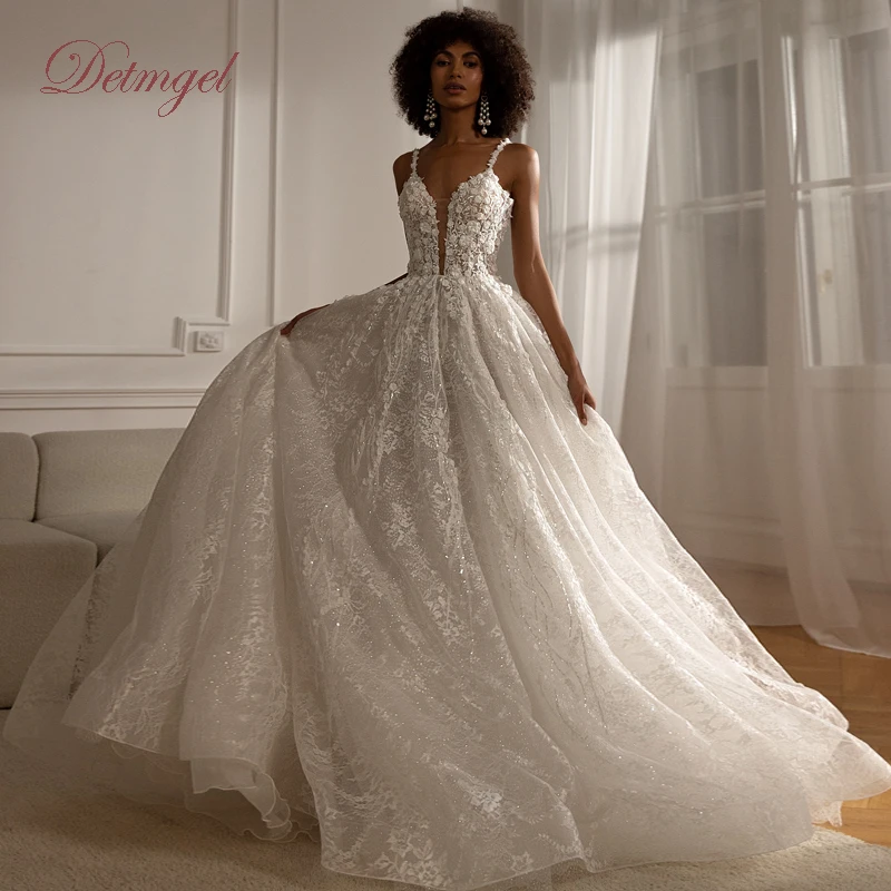 Detmgel New Modern Scoop Neck A-Line Wedding Dresses Luxury Sleeveless Beading Lace Court Train Bridal Dresses Customized