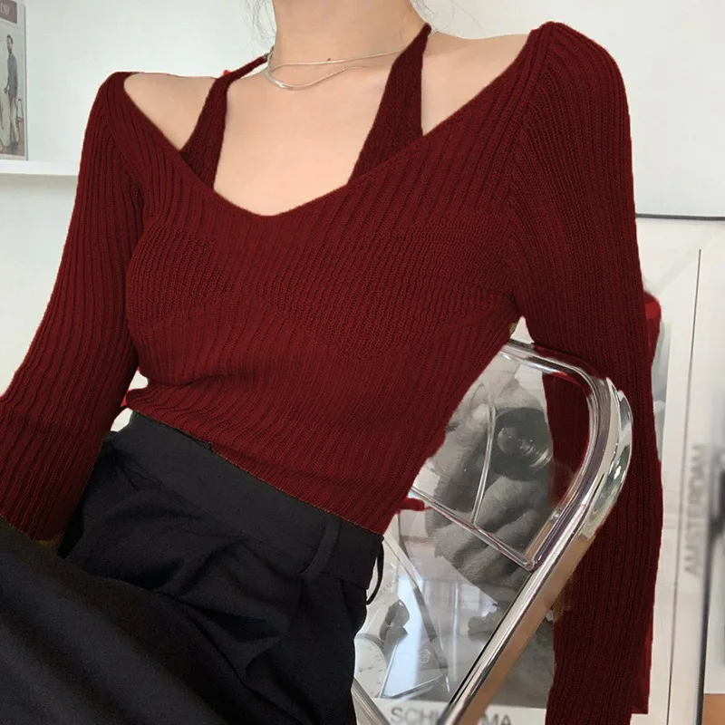 Spring And Autumn Long Sleeved Solid Color Slimming V-Neck Hanging Neck Tops Women\'s Off Shoulder Knitted Sweaters