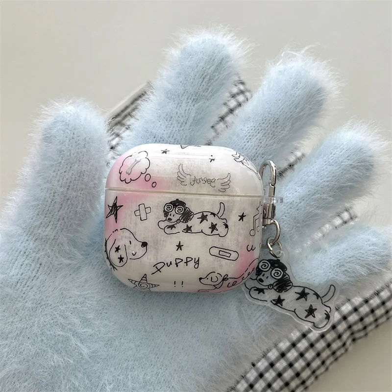 

For Airpods1/2/3/4/ Pro2 Pro 3 Headphone Case Y2K Style Line Star Cute Puppy Headphone Case Protective Sleeve Funda with Pendant