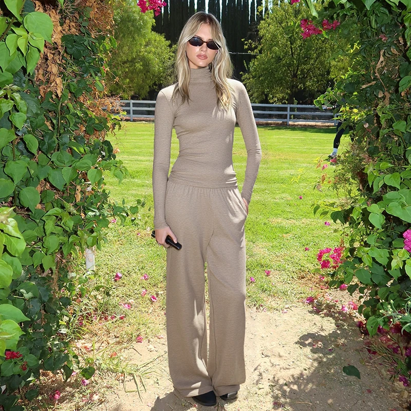 CUTENOVA 여성 가을/겨울 신상품 단색 캐주얼 하이넥 슬림핏 긴팔 상의 & 스트레이트 팬츠 투피스 세트