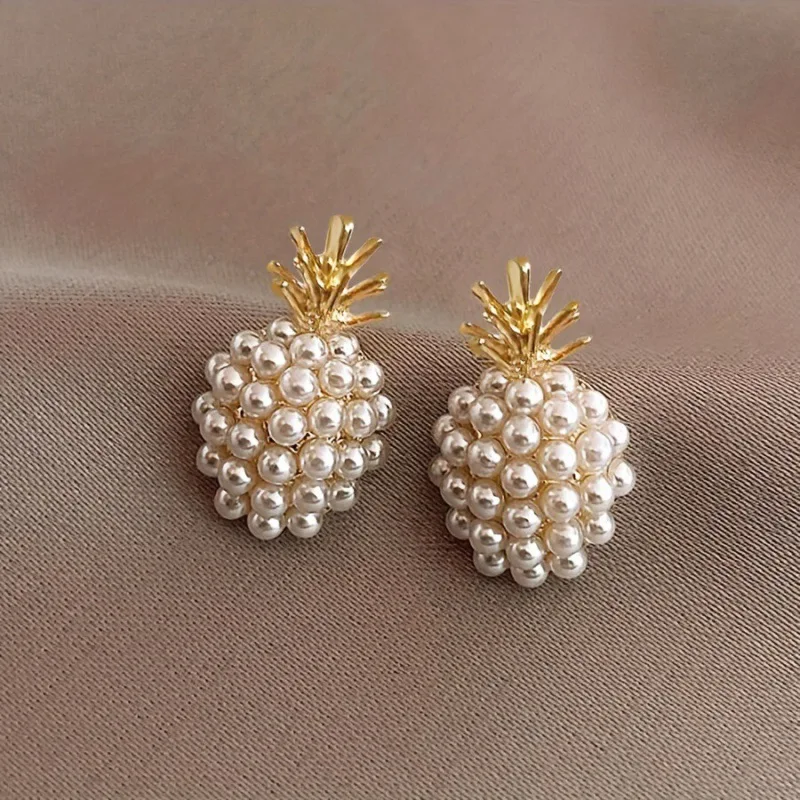 Fruit Pineapple Stud Earrings for Women Golden Color Mini Imitation Pearl Small Earrings Party Cute Trendy Jewelry Girls Gift