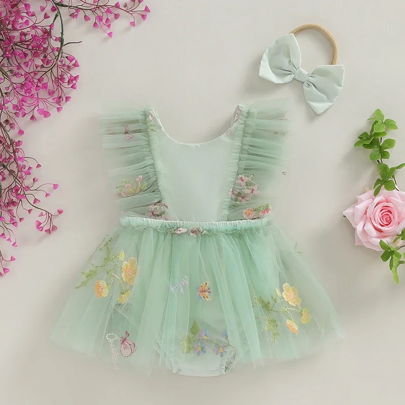 Baby Girl 2Pcs Princess Tulle Rompers Dress Ruffle Sleeveless Floral Embroidery Jumpsuits Headband  Newborn Clothes