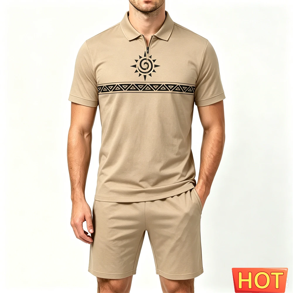 Fashion Zip Polo Shirt Men's Set Summer Loose Short Sleeve Top and Shorts 2 Piece Casual Comfortable Man Outfit Hip Hop Clothing