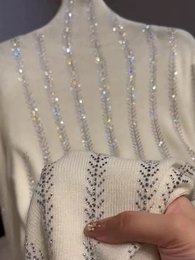 

Ele Heavy-Embroidered Diamond f-High Collar Camere Knitwear Long Sve Женский модный универсальный топ для поездок на работу