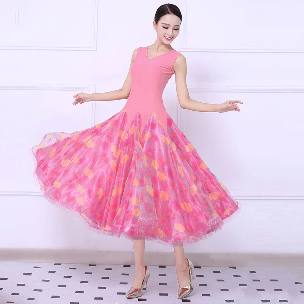 Walzerkleid Neues Ballsaal-Flamenco-Kleid mit Punkten und V-Ausschnitt, Standard-Wettbewerb, schmale Passform, ärmellos, rosa, schöner Gesellschaftstanz