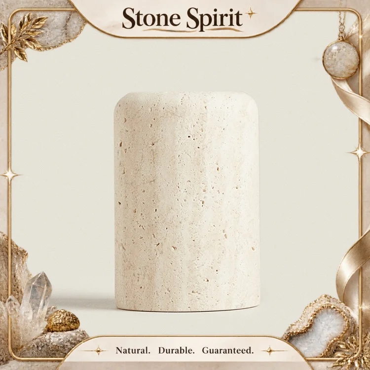 Natural Beige Travertine Marble Stone Toothbrush Washing Storage Cup, Small Vase, Ornaments, Yellow, Tray, D7.5 X H12 cm