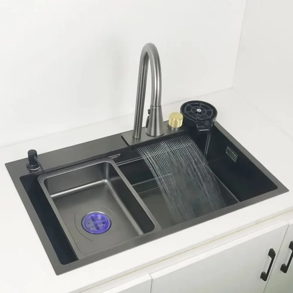 Gun Grey Kichen Sink Waterfall Faucet Nano Sink 304 Stainless Steel DarkGray Topmount Single Bowl Wash Basin with Chopping Board