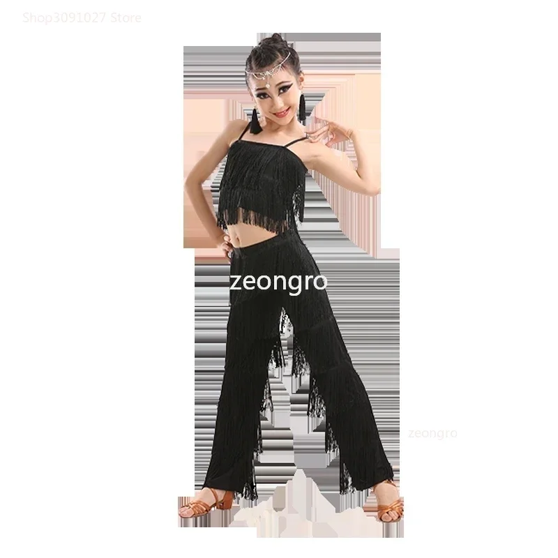 Kids Latin Dance Costumes Ballroom Plus Size Fringe Tassel Dress Pants Girls Sequin Salsa Samba Children Stage Outfits Costume