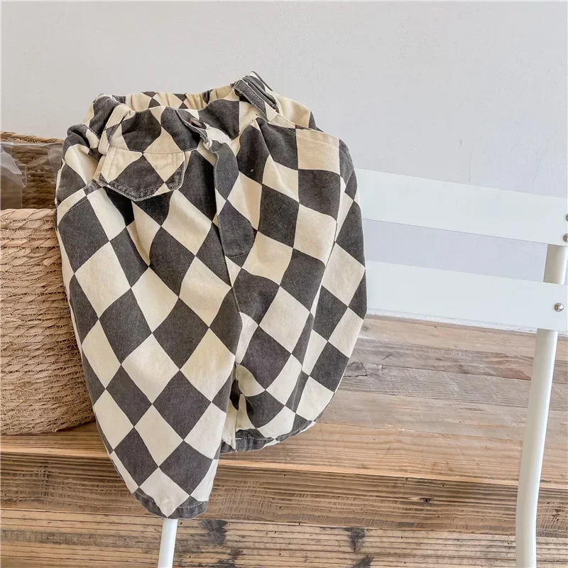 

2025 Autumn 1-7Y Washed Cotton Harem Trousers Vintage Checkered Design Japanese Trendy Loose-fit Casual Toddler Girl's Pants
