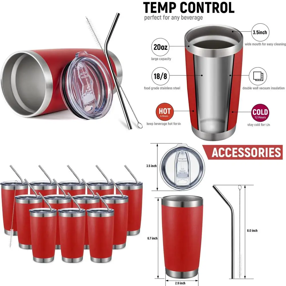 

Double Wall Vacuum Insulated 20oz Stainless Steel Tumbler with Lid, Red, 12-Pack for Hot or Cold Drinks