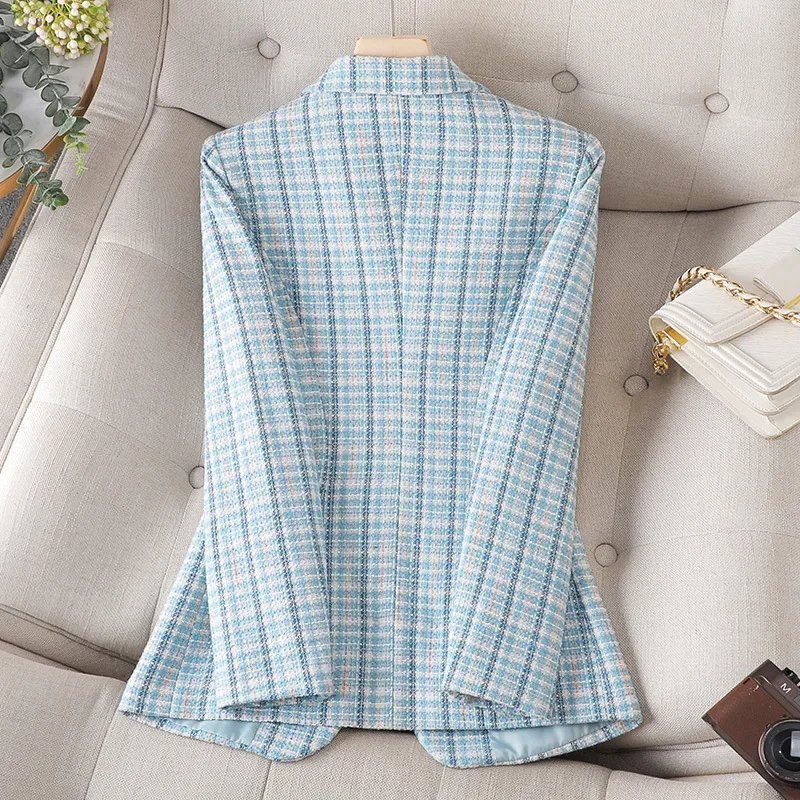 Nuova giacca da ufficio giacca formale da donna manica lunga scozzese da donna blazer di lana cappotto da lavoro da lavoro femminile capispalla blu albicocca