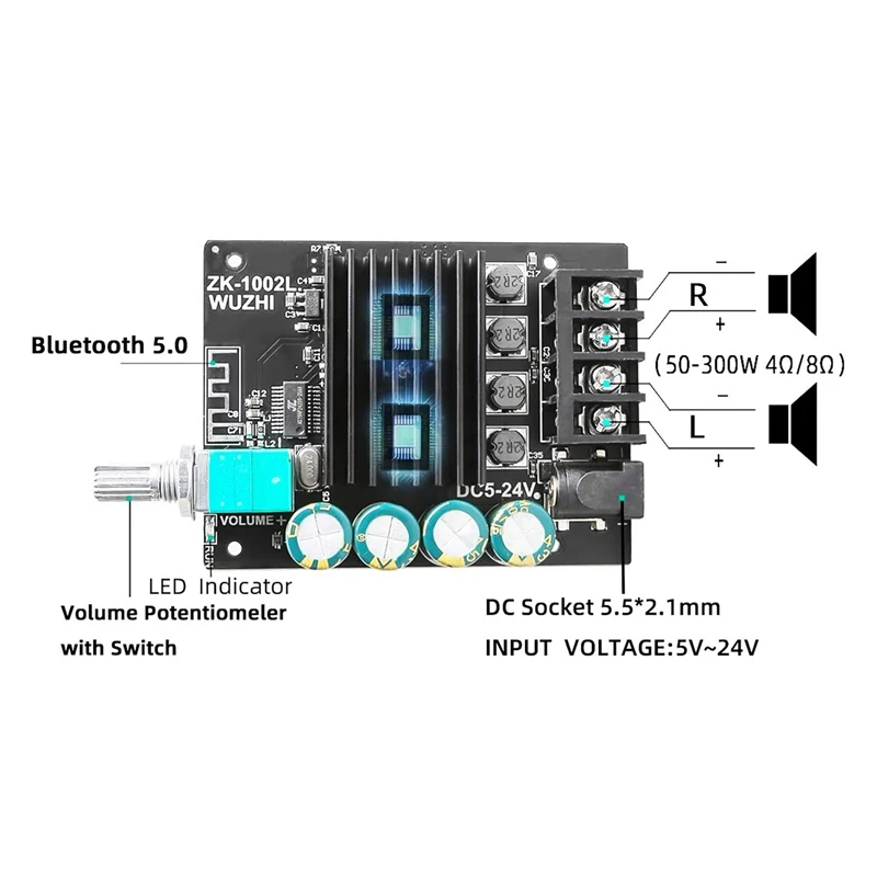 Mini Amplificador de Potência Digital, Bluetooth 5.0, Áudio, Placa Estéreo, 50W x 2, 3.5mm, USB, XY-C50L, 20X