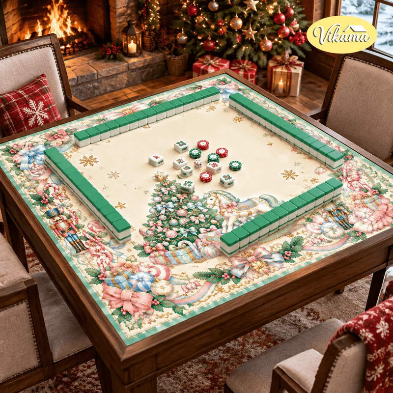 VIKAMA Christmas Nutcracker Rocking Horse Mahjong Mat Non Slip Foldable Table Cover Dining Room Family Game Night Holiday Decor